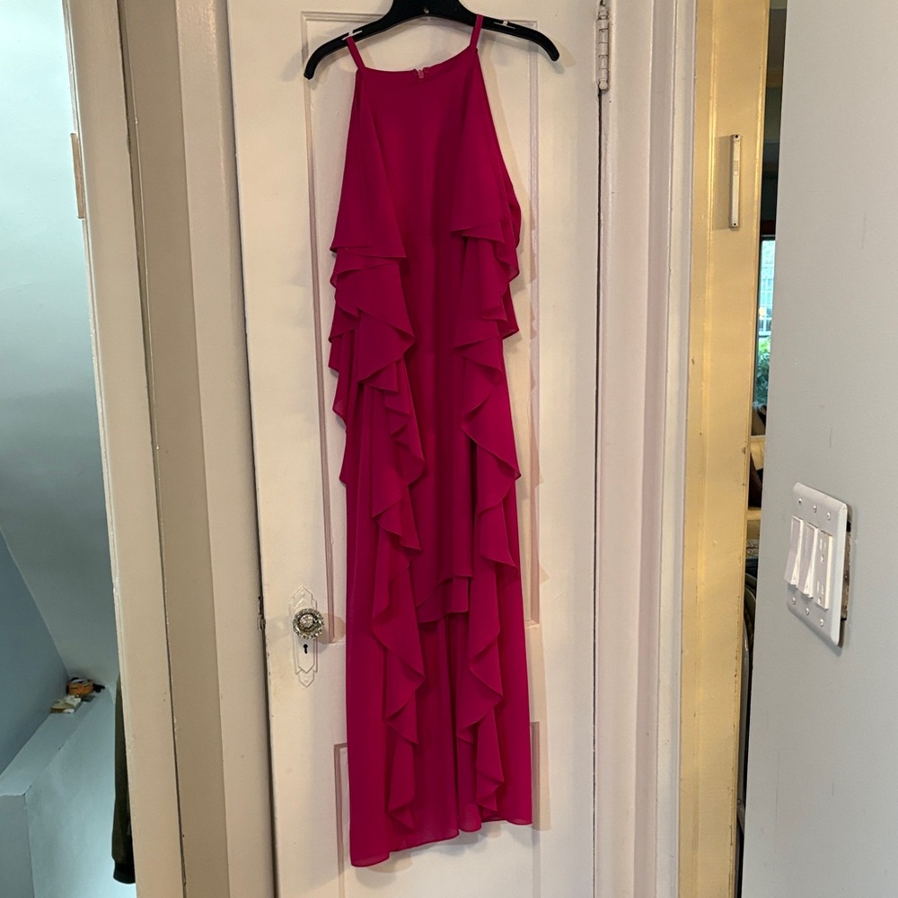 Badgley Mischka Hot Pink Ruffled Halter Maxi Dress